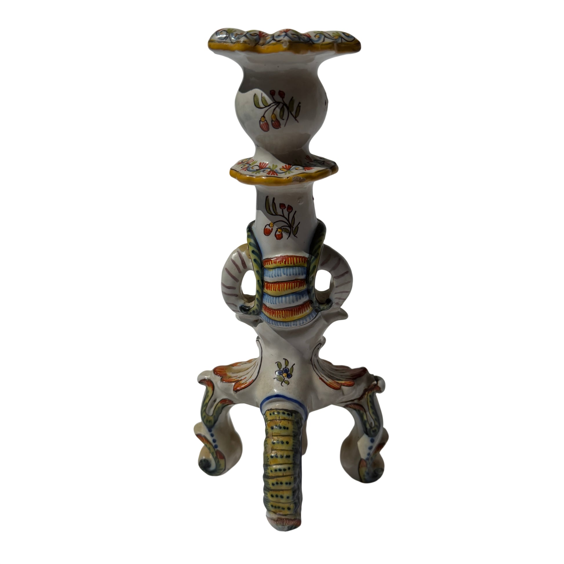 Detail of moulded rim and painted border on Rouen-style ceramic candlestick