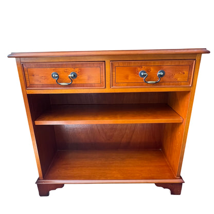 Small contemporary pine bookcase with two drawers and open shelf in warm stained finish