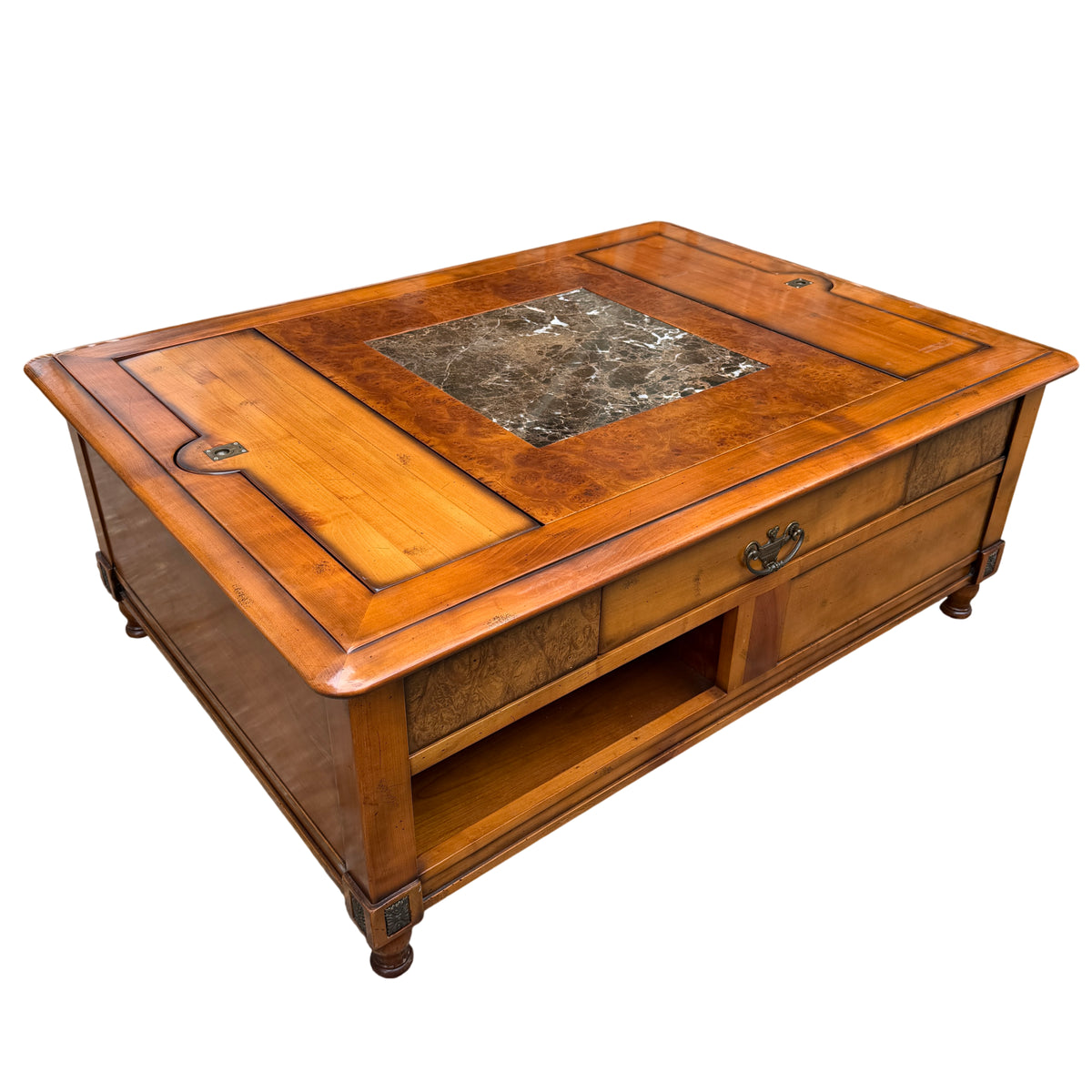 Contemporary French solid wood coffee table with central stone insert and burled inlay top