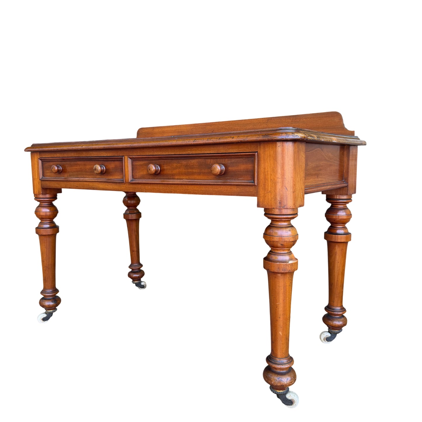 Victorian console table with two drawers and turned legs in mahogany-toned finish