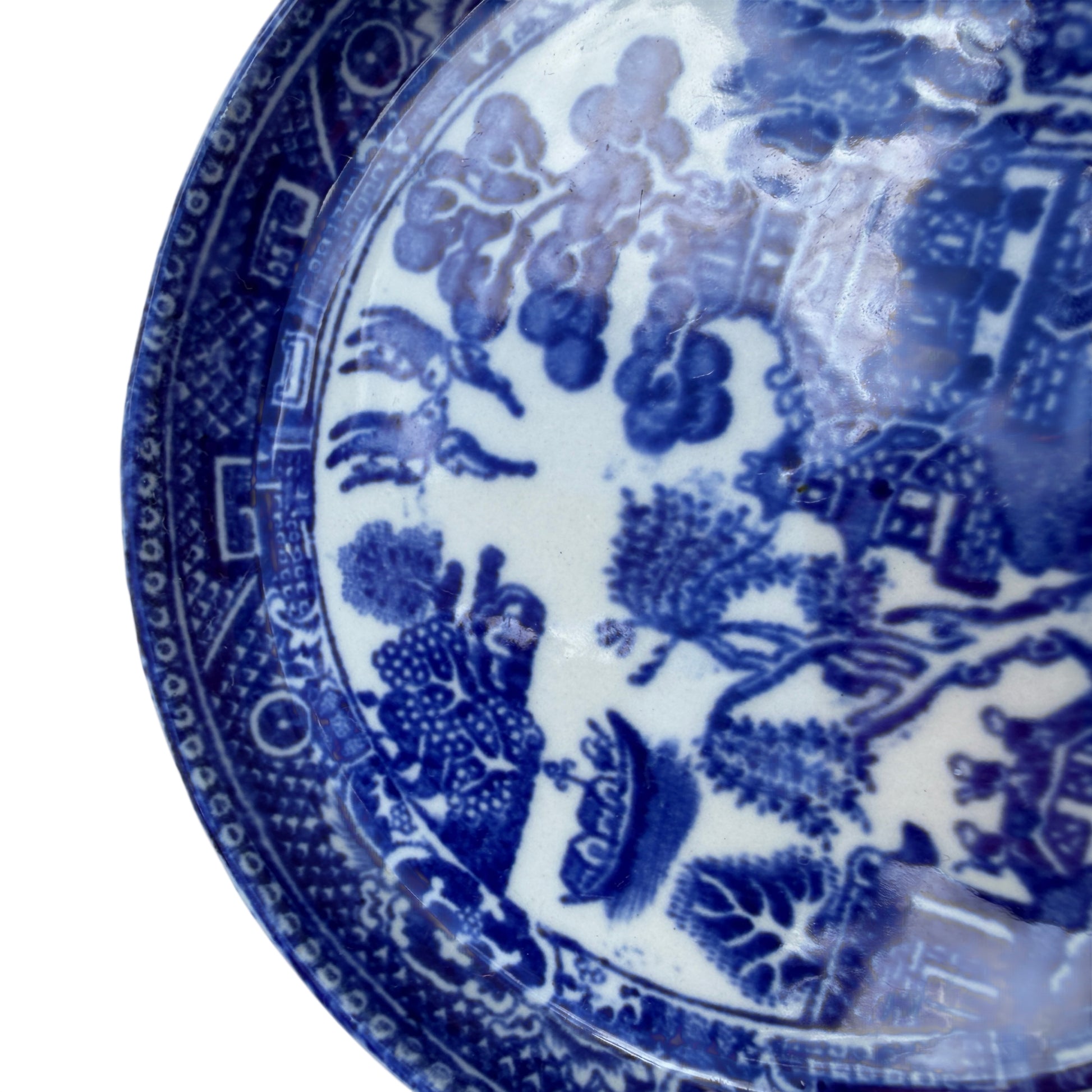 Blue and white Staffordshire butter pat dish with birds and trees