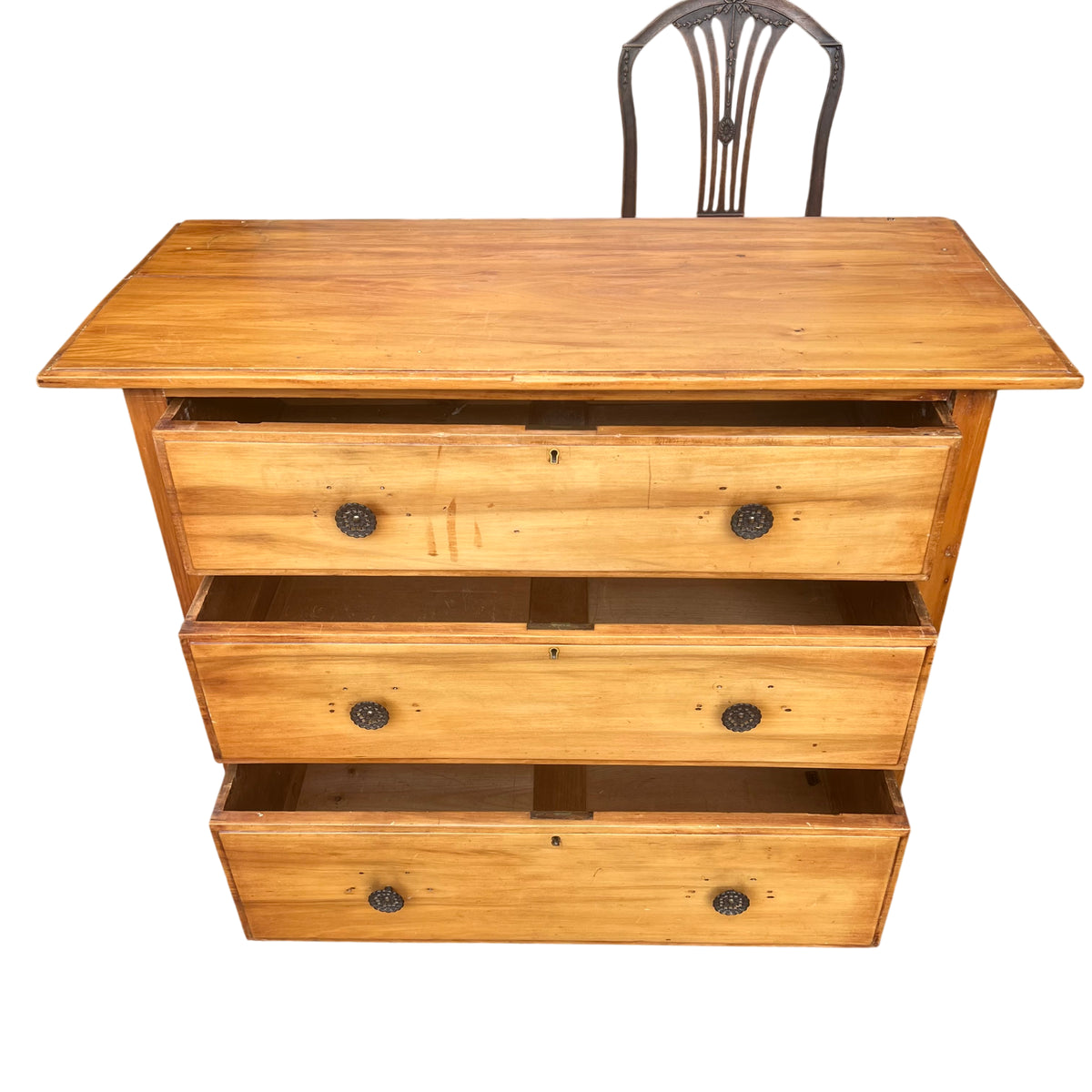 Top surface of pine chest showing flat top with moulded edge