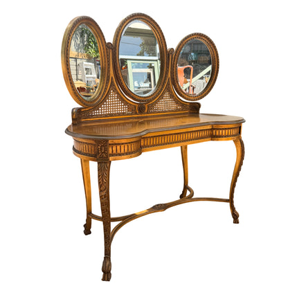 Contemporary gold three‑mirror dressing table with carved crest and oval mirrors