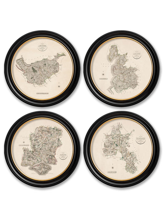 c.1806 County Maps of England - Round in size 70 x 70cm - glass-fronted framed wall art print with solid wood frame, ideal for contemporary home styling