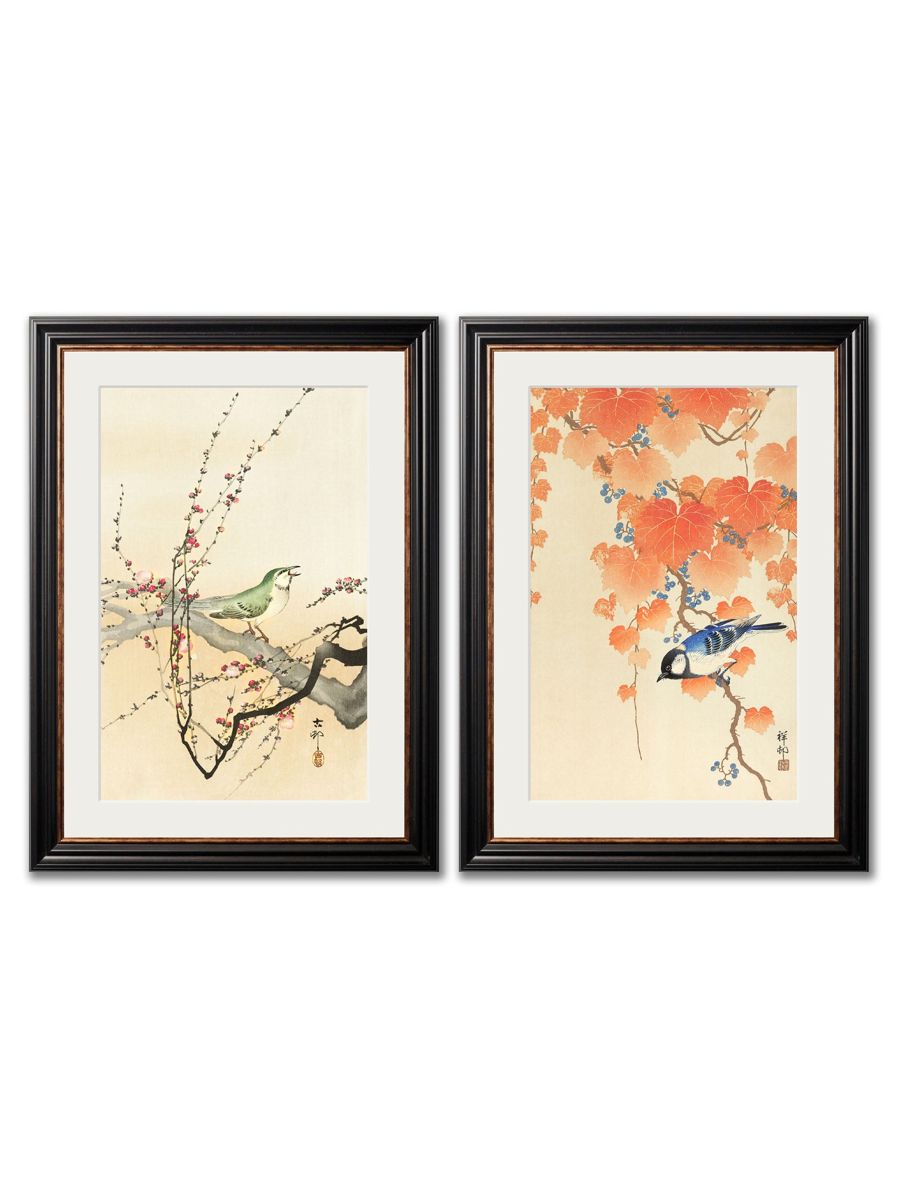 c.1910 Garden Birds - Ohara Koson in size 38 x 50cm - glass-fronted framed wall art print with solid wood frame, ideal for modern interiors