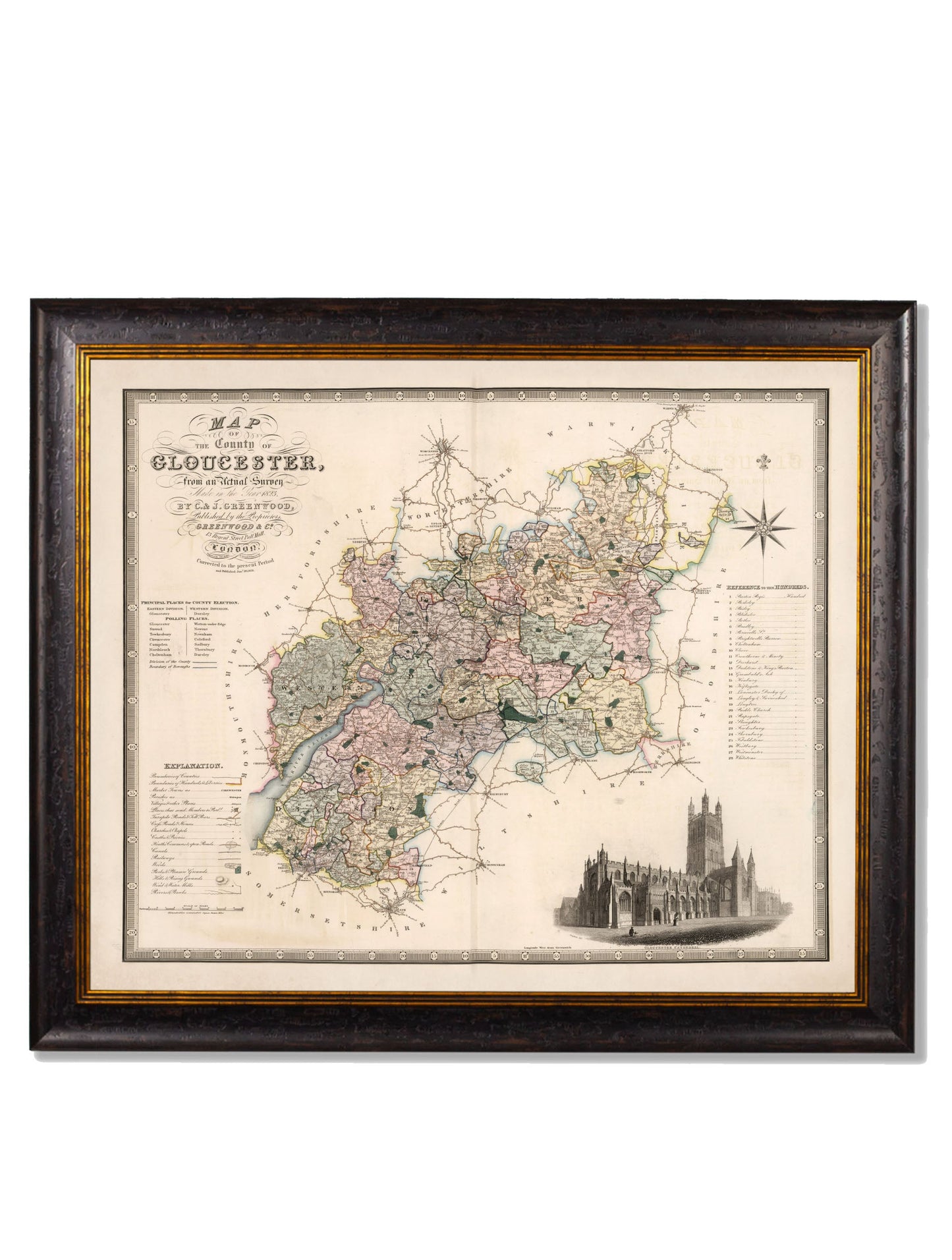 c 1830 map of the county of bedford in size 70 x 84cm - glass-fronted framed wall art print with solid wood frame, luxury wall art for sophisticated spaces