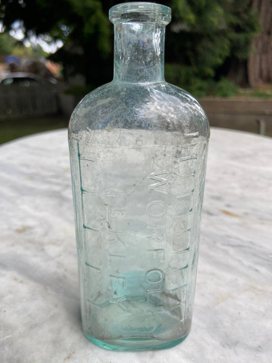 G.W. Worfolk Chemist, Ilkley Antique Aqua Blue Glass Bottle - Vintage Glass BottleThe Furniture Recycling ShopBottle