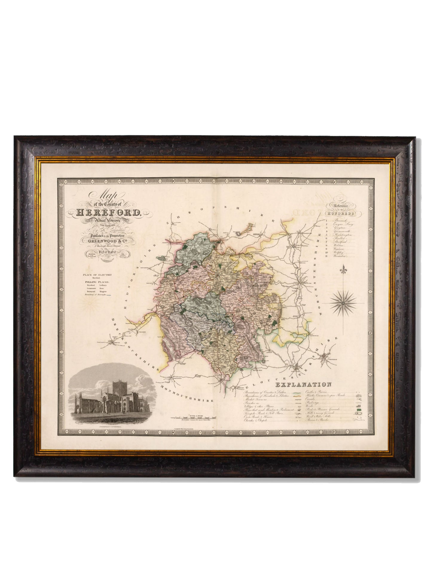 c 1830 map of the county of bedford in size 70 x 84cm - glass-fronted framed wall art print with solid wood frame, adds elegance to your decor