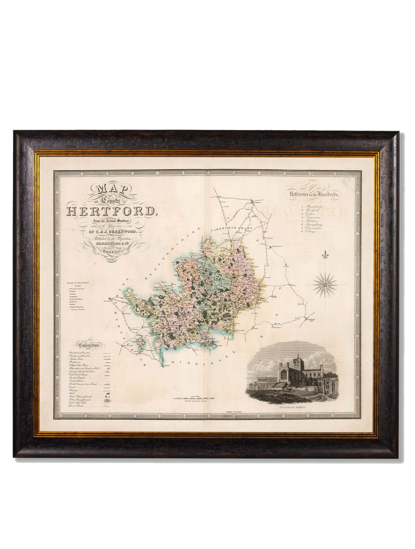 c 1830 map of the county of bedford in size 70 x 84cm - glass-fronted framed wall art print with solid wood frame, ideal for contemporary home styling