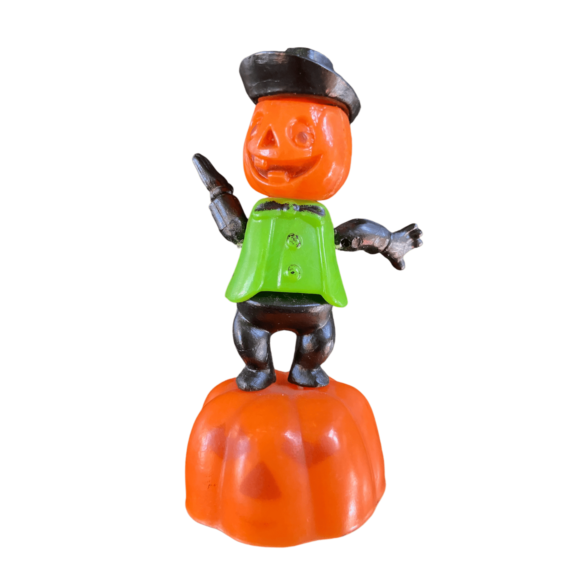 Highly Collectable and Rare 1960's Halloween 'Fun World Inc ' No: 9410 New York Toy Pumpkin Jack O'Lantern Figure in Hat Push Puppet Toy Made in Hong KongThe Furniture Recycling ShopHalloween Fun