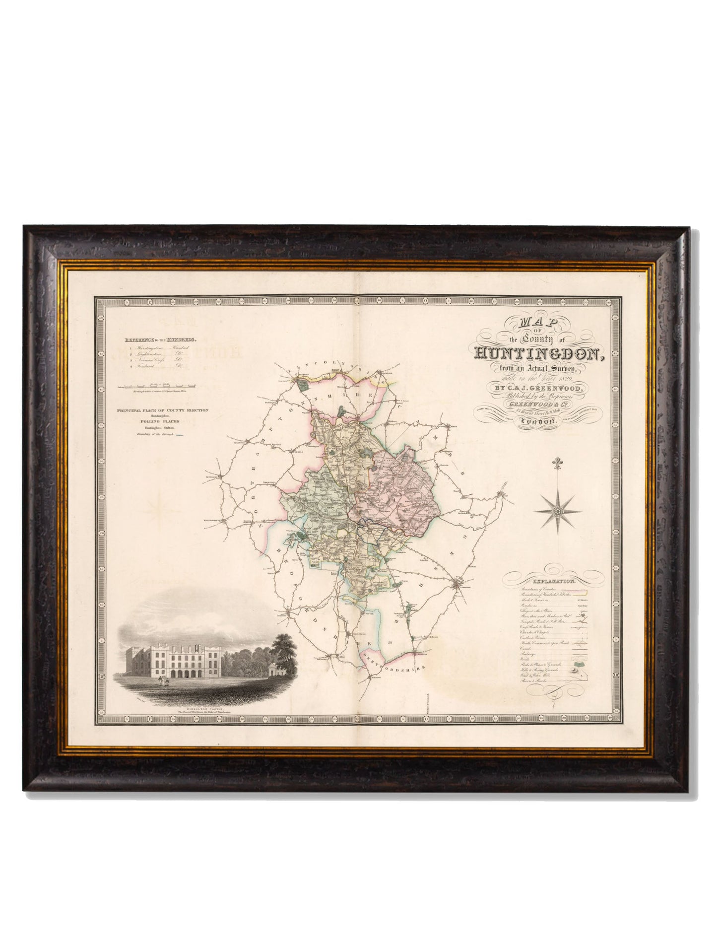 c 1830 map of the county of bedford in size 70 x 84cm - glass-fronted framed wall art print with solid wood frame, perfect for statement wall decor
