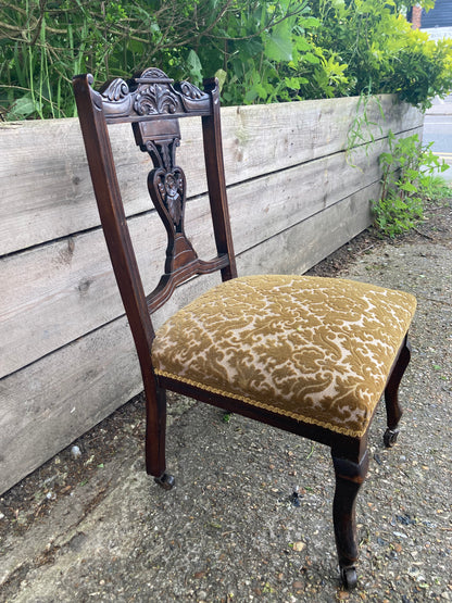 Victorian Mahogany Carved Upholstered Bedroom Chair On Castors
