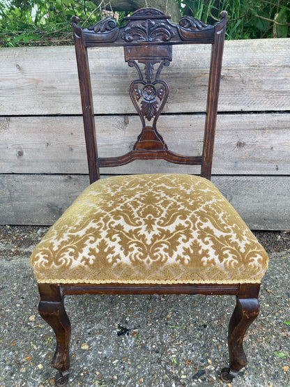 Victorian Mahogany Carved Upholstered Bedroom Chair On Castors