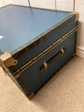 Load image into Gallery viewer, Blue Metal Banded Travel Trunk, Storage, Coffee Table
