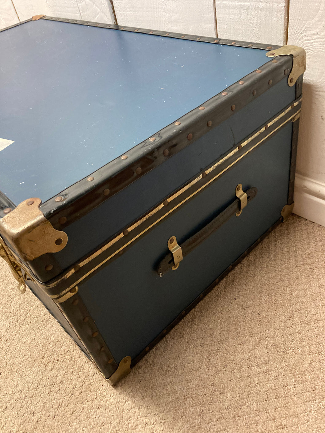 Blue Metal Banded Travel Trunk, Storage, Coffee Table