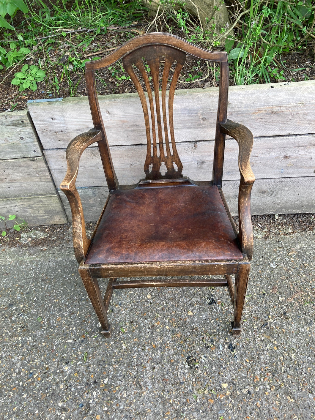 Antique Oak Pair Of Open Armchairs Carver Chairs With Brown Leather Seats