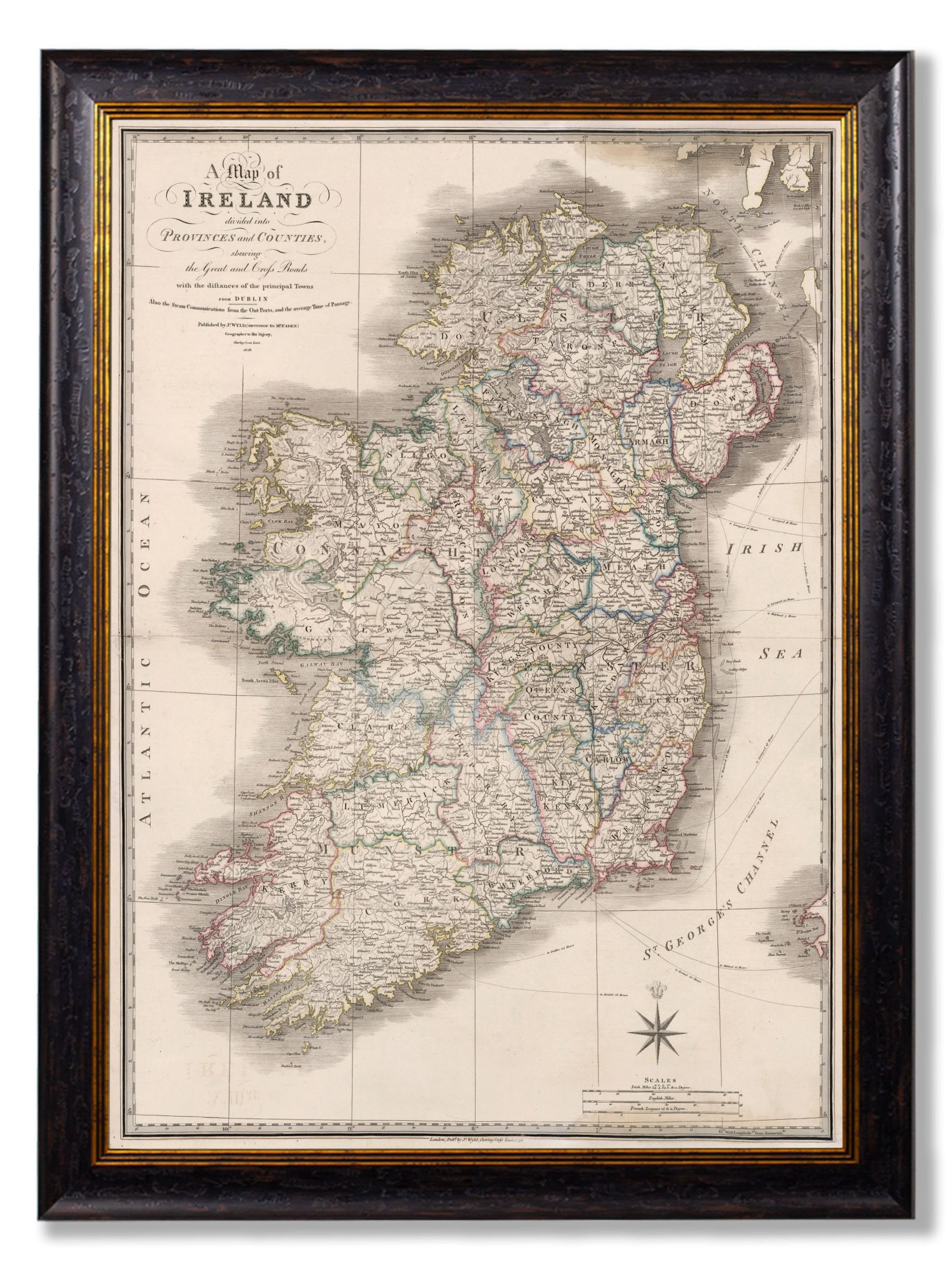c.1838 Map of Ireland in size 70 x 95cm - glass-fronted framed wall art print with solid wood frame, designed for high-end interior design