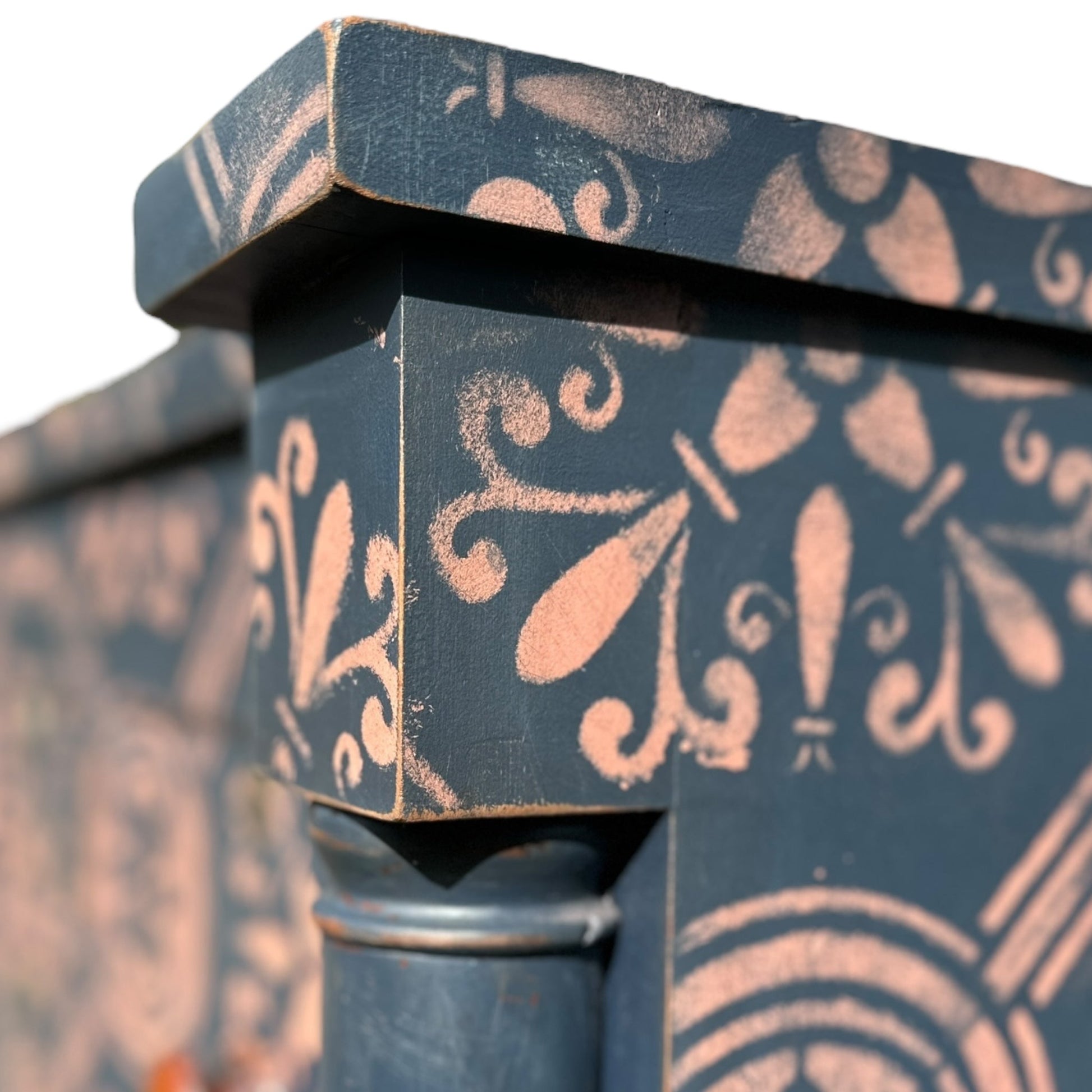Large Victorian Chest of Drawers Painted Dark Blue With Pink Stencilled Detailing and Wooden HandlesThe Furniture Recycling Shop