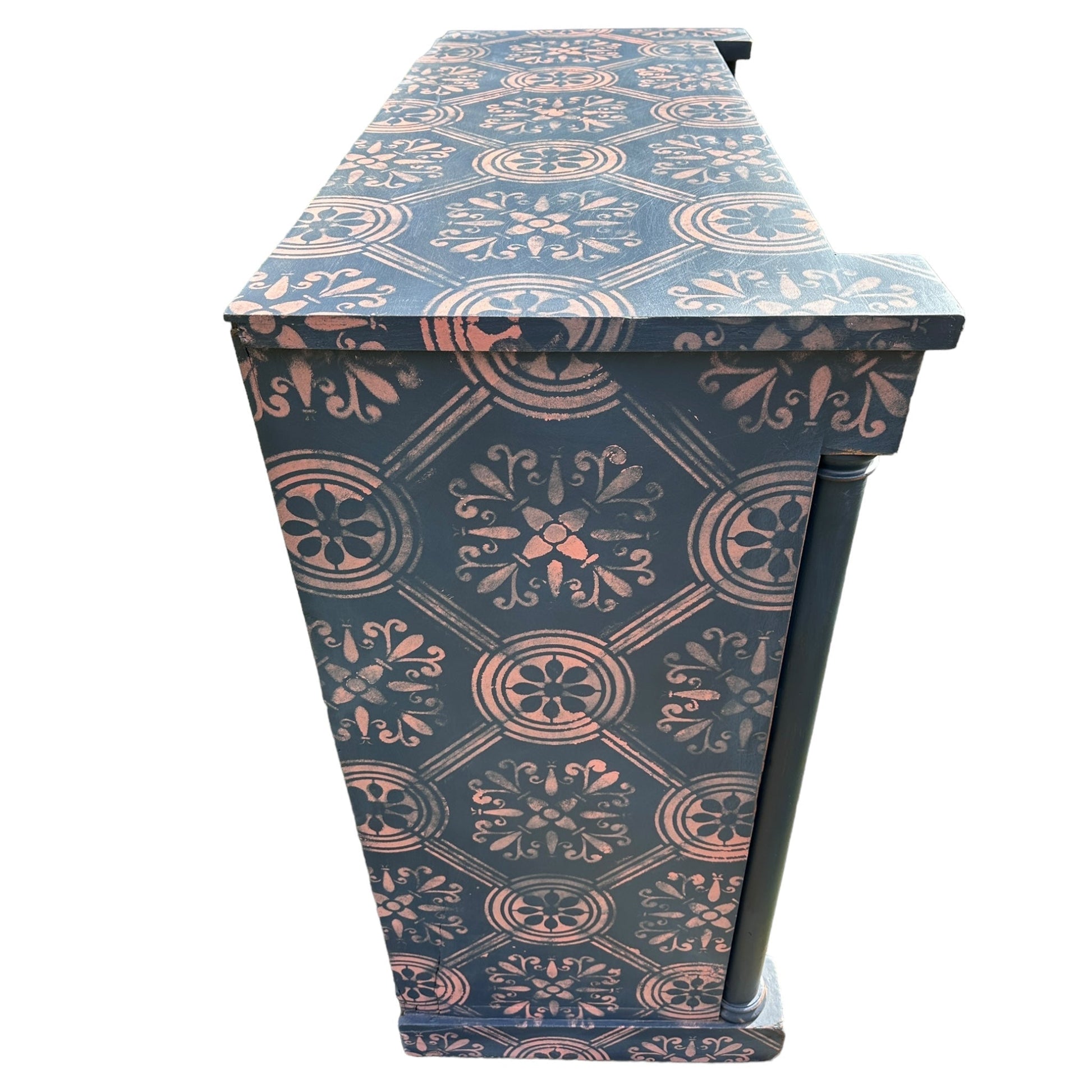 Large Victorian Chest of Drawers Painted Dark Blue With Pink Stencilled Detailing and Wooden HandlesThe Furniture Recycling Shop