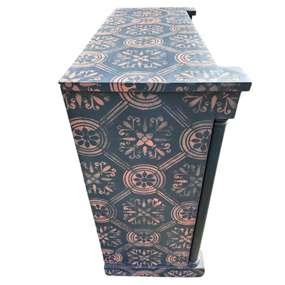 Large Victorian Chest of Drawers Painted Dark Blue With Pink Stencilled Detailing and Wooden HandlesThe Furniture Recycling Shop