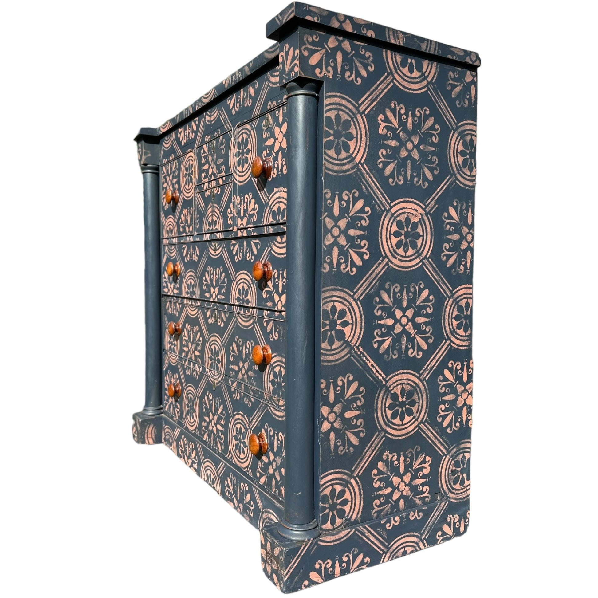 Large Victorian Chest of Drawers Painted Dark Blue With Pink Stencilled Detailing and Wooden HandlesThe Furniture Recycling Shop