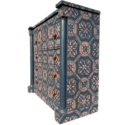 Large Victorian Chest of Drawers Painted Dark Blue With Pink Stencilled Detailing and Wooden HandlesThe Furniture Recycling Shop