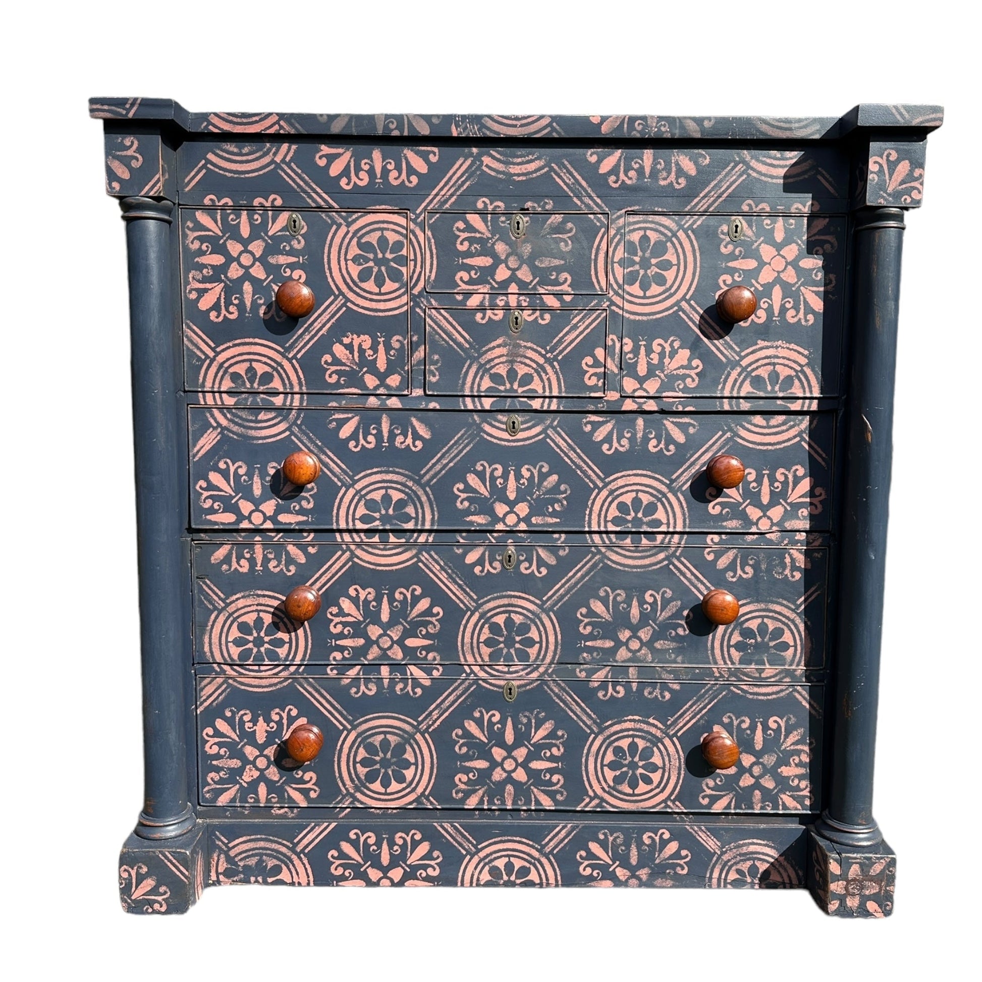Large Victorian Chest of Drawers Painted Dark Blue With Pink Stencilled Detailing and Wooden HandlesThe Furniture Recycling Shop