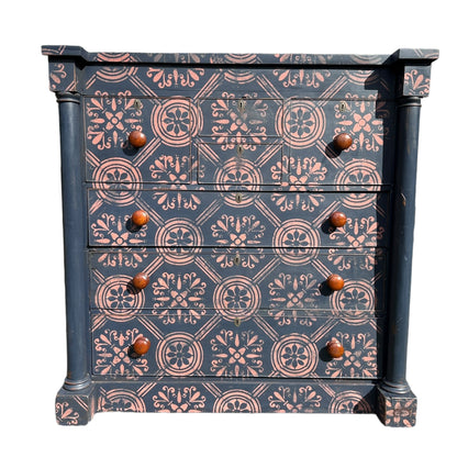Large Victorian Chest of Drawers Painted Dark Blue With Pink Stencilled Detailing and Wooden HandlesThe Furniture Recycling Shop