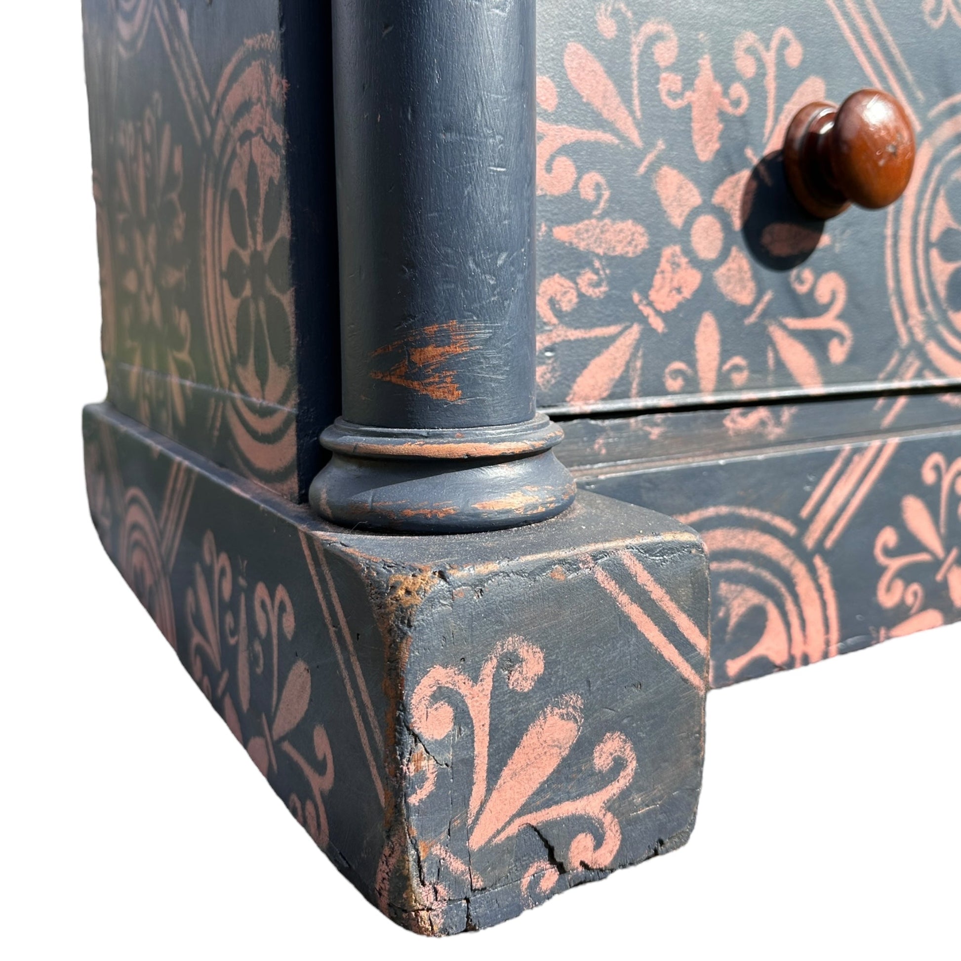 Large Victorian Chest of Drawers Painted Dark Blue With Pink Stencilled Detailing and Wooden HandlesThe Furniture Recycling Shop