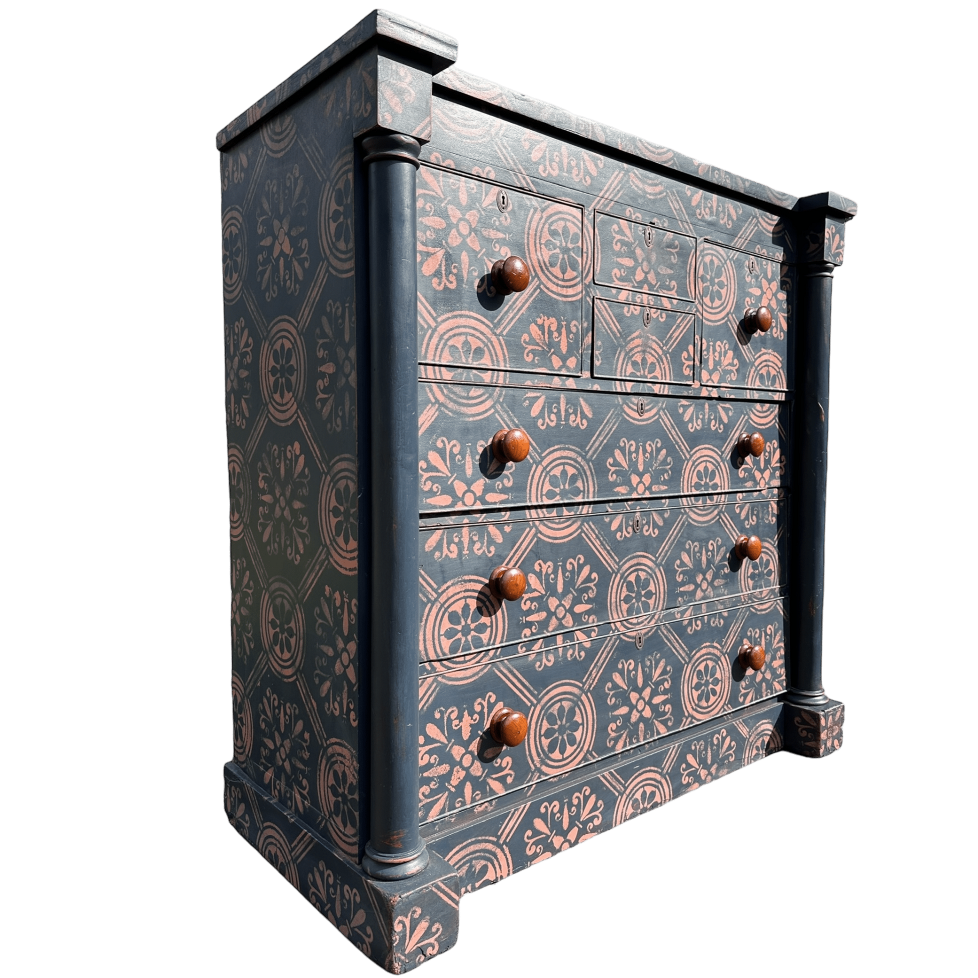 Large Victorian Chest of Drawers Painted Dark Blue With Pink Stencilled Detailing and Wooden HandlesThe Furniture Recycling Shop