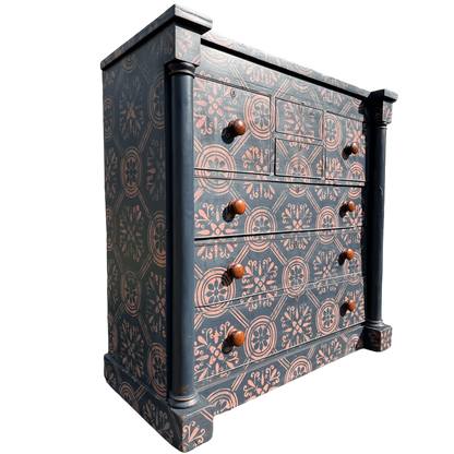 Large Victorian Chest of Drawers Painted Dark Blue With Pink Stencilled Detailing and Wooden HandlesThe Furniture Recycling Shop