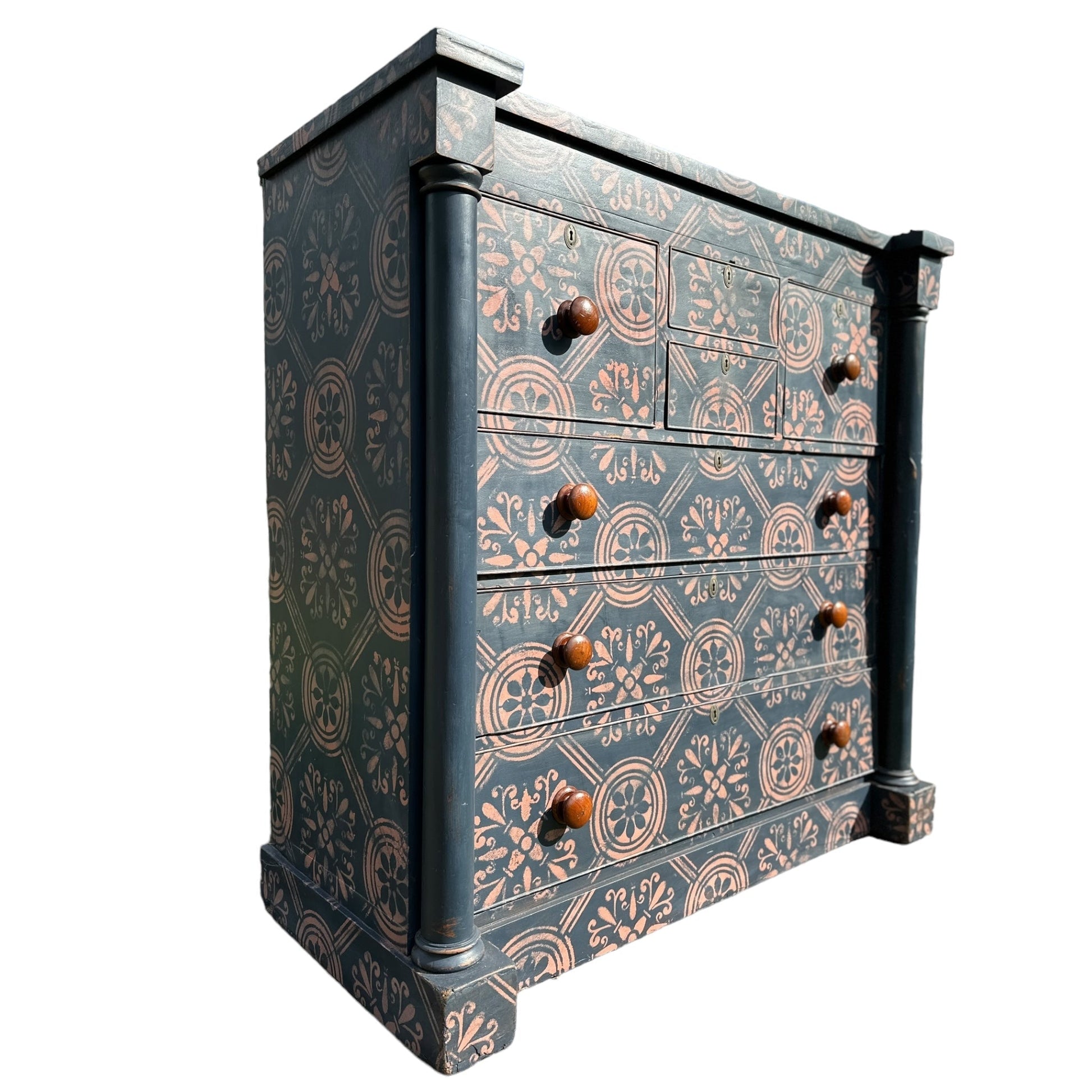 Large Victorian Chest of Drawers Painted Dark Blue With Pink Stencilled Detailing and Wooden HandlesThe Furniture Recycling Shop