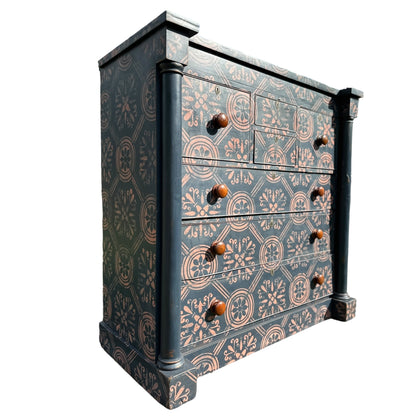 Large Victorian Chest of Drawers Painted Dark Blue With Pink Stencilled Detailing and Wooden HandlesThe Furniture Recycling Shop