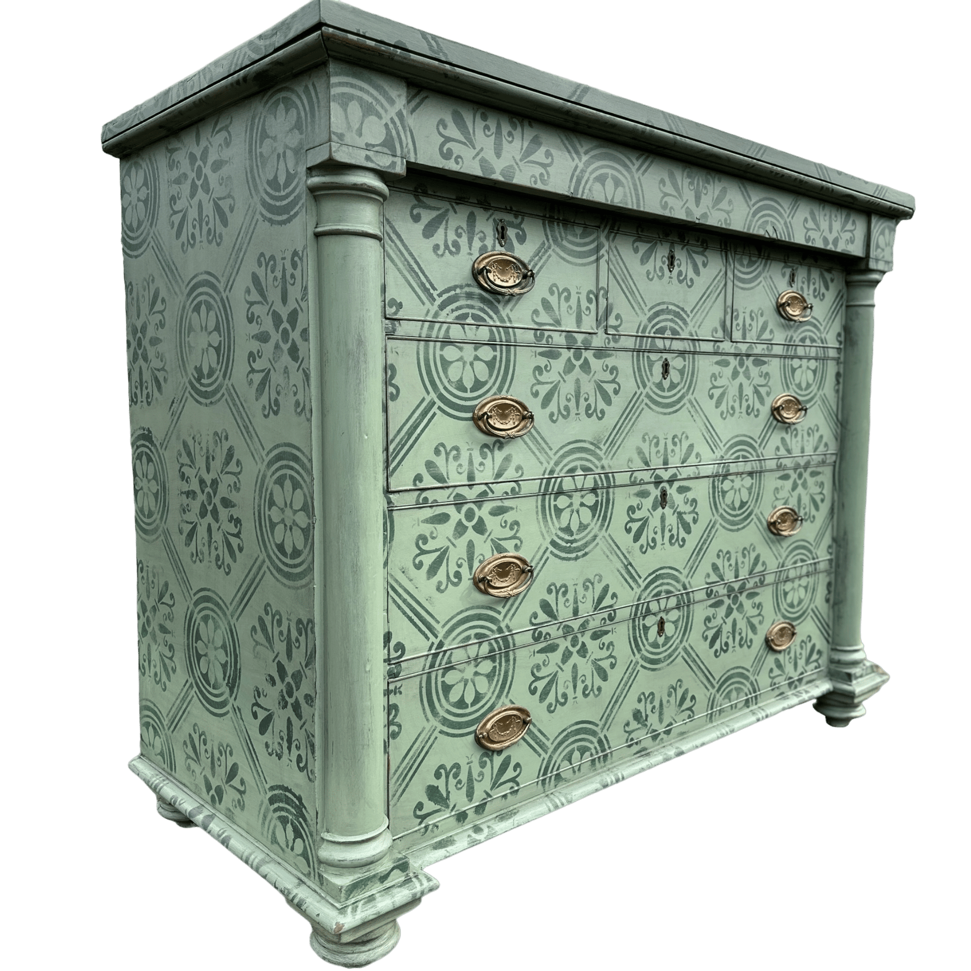 Large Victorian Chest of Drawers Painted in Green With Stencilled Detailing and Brass HandlesThe Furniture Recycling Shop