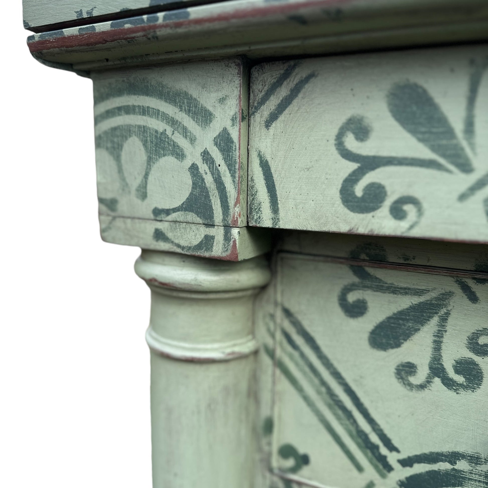 Large Victorian Chest of Drawers Painted in Green With Stencilled Detailing and Brass HandlesThe Furniture Recycling Shop