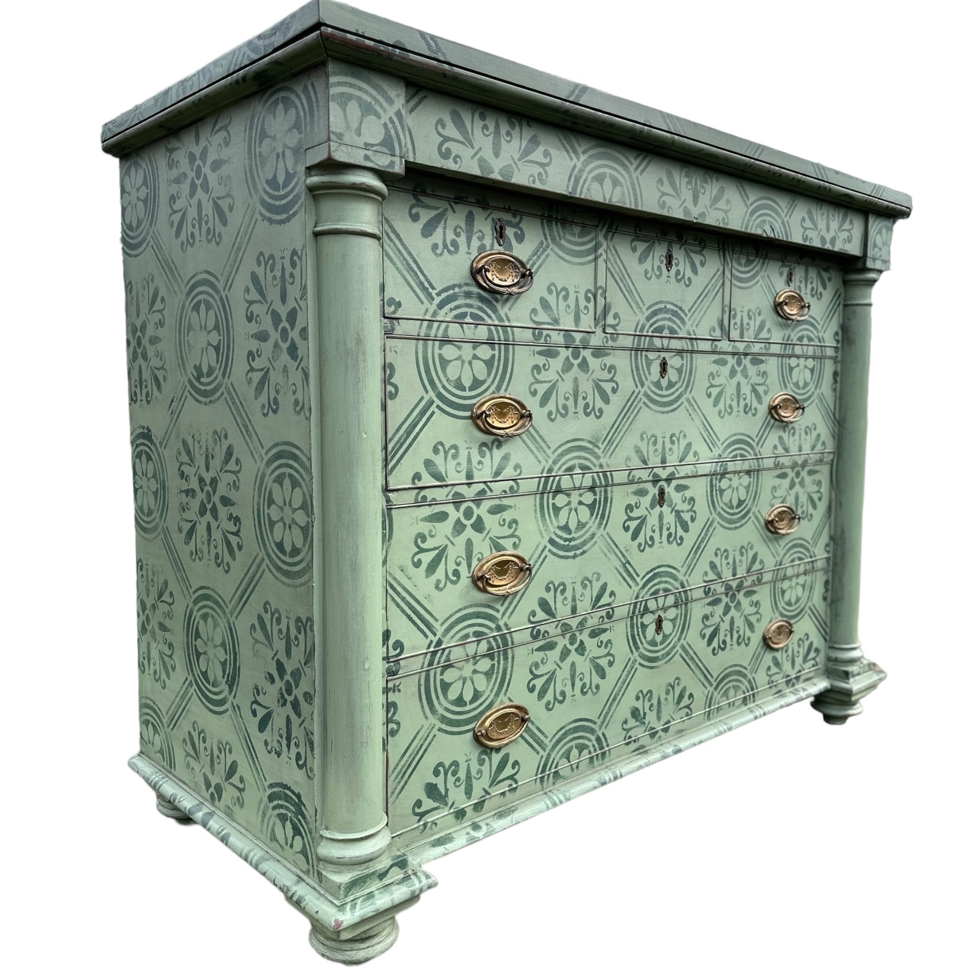 Large Victorian Chest of Drawers Painted in Green With Stencilled Detailing and Brass HandlesThe Furniture Recycling Shop