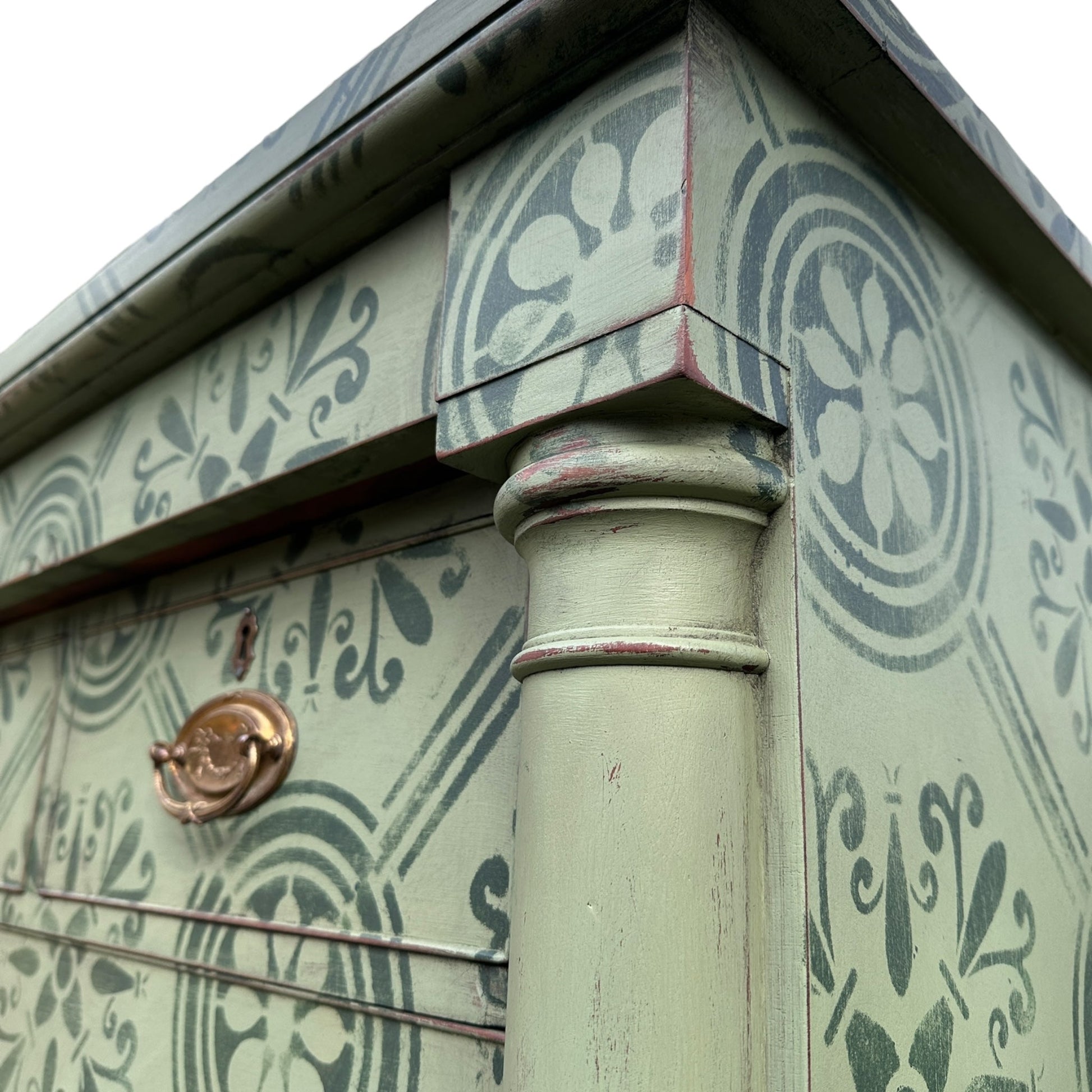 Large Victorian Chest of Drawers Painted in Green With Stencilled Detailing and Brass HandlesThe Furniture Recycling Shop