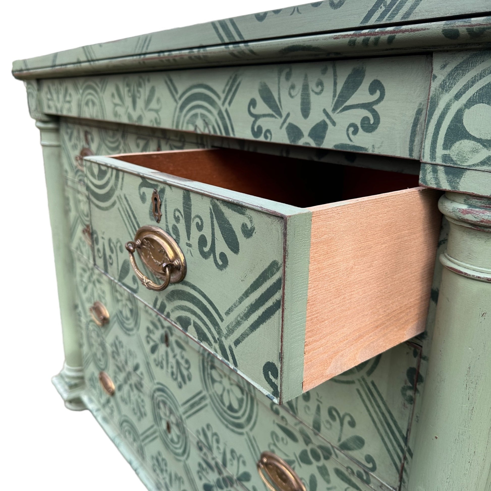Large Victorian Chest of Drawers Painted in Green With Stencilled Detailing and Brass HandlesThe Furniture Recycling Shop