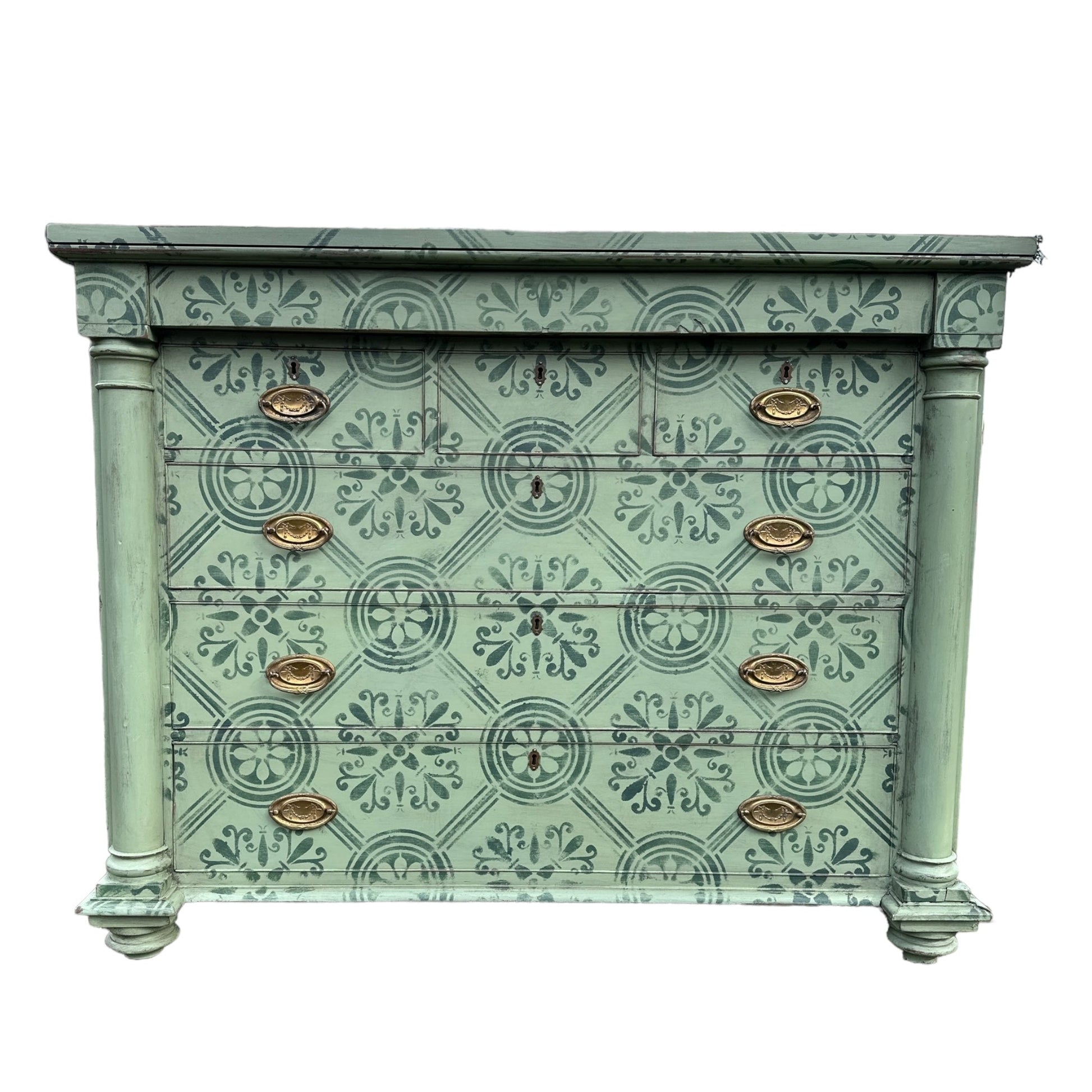 Large Victorian Chest of Drawers Painted in Green With Stencilled Detailing and Brass HandlesThe Furniture Recycling Shop