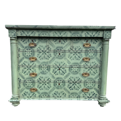 Large Victorian Chest of Drawers Painted in Green With Stencilled Detailing and Brass HandlesThe Furniture Recycling Shop