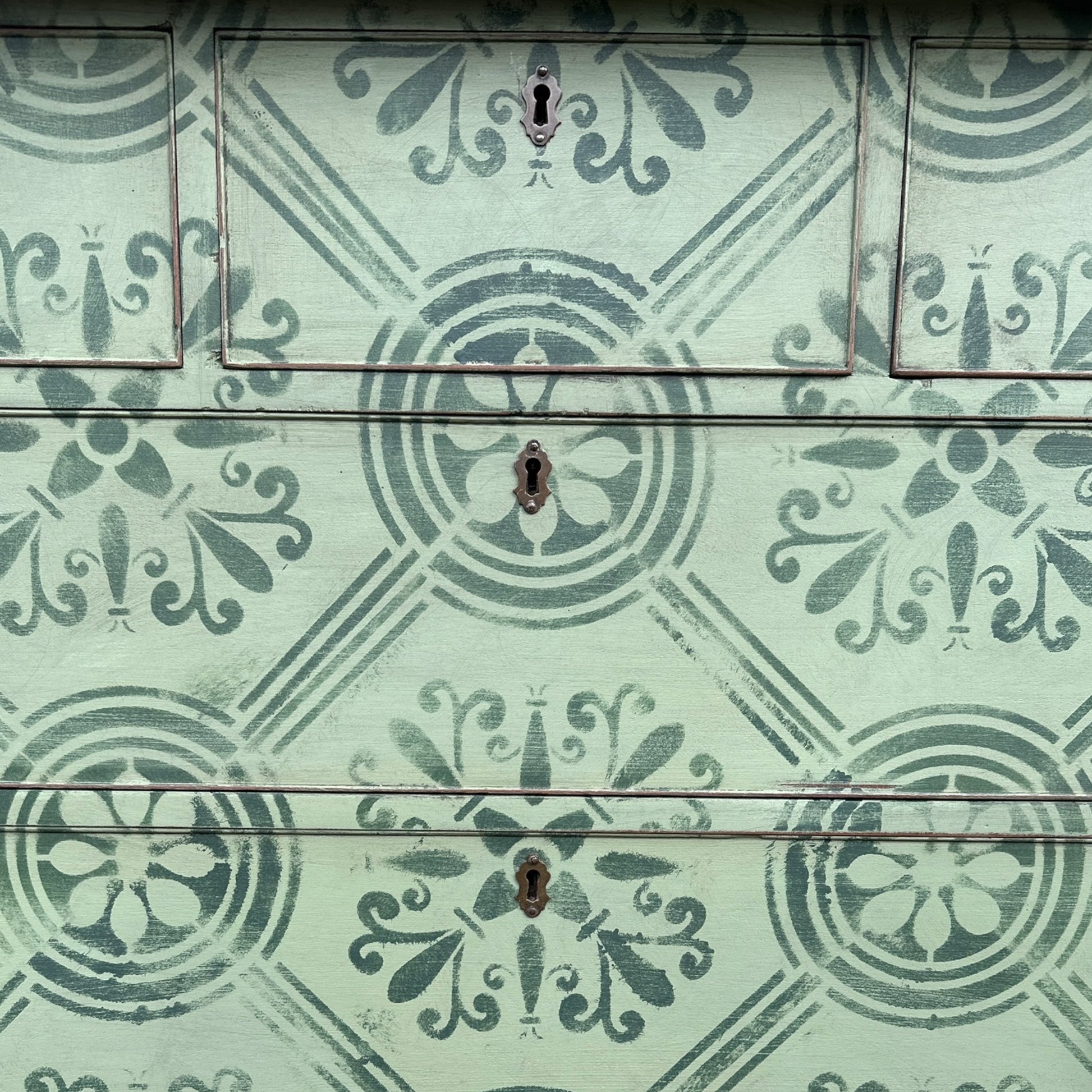 Large Victorian Chest of Drawers Painted in Green With Stencilled Detailing and Brass HandlesThe Furniture Recycling Shop