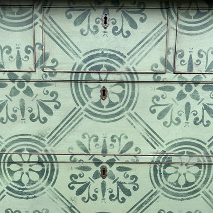 Large Victorian Chest of Drawers Painted in Green With Stencilled Detailing and Brass HandlesThe Furniture Recycling Shop