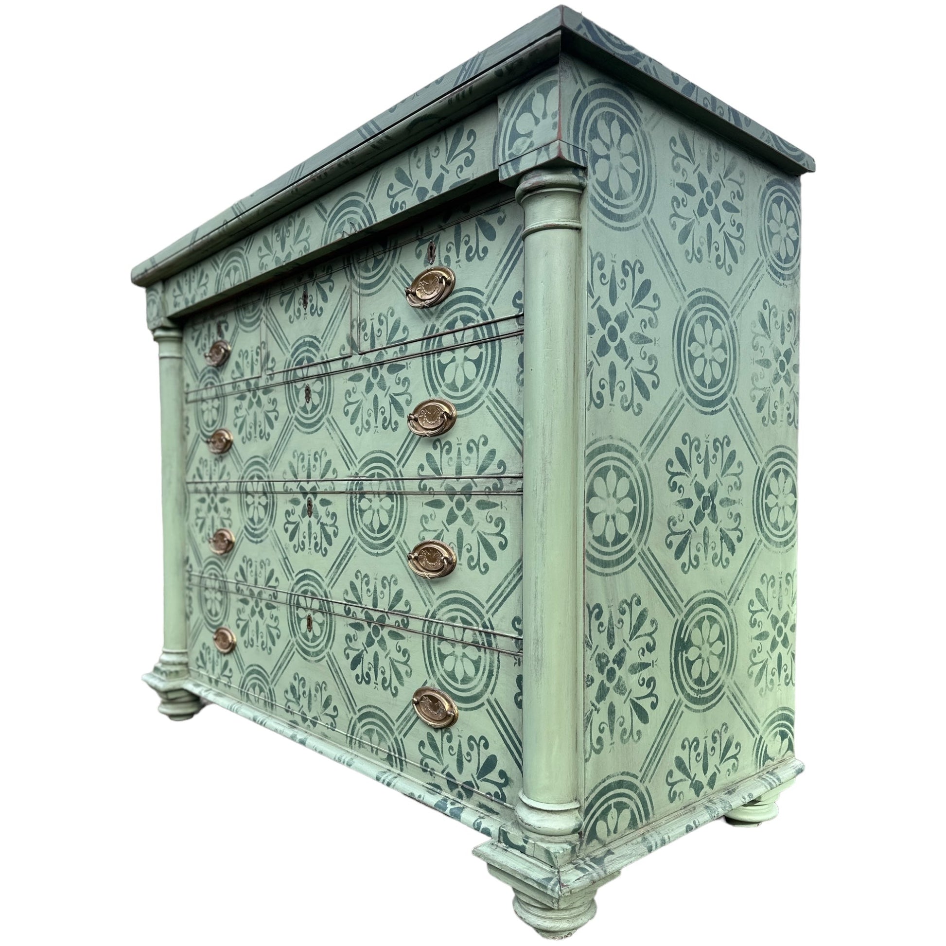 Large Victorian Chest of Drawers Painted in Green With Stencilled Detailing and Brass HandlesThe Furniture Recycling Shop