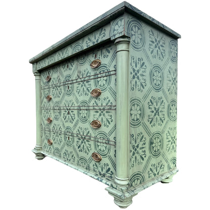 Large Victorian Chest of Drawers Painted in Green With Stencilled Detailing and Brass HandlesThe Furniture Recycling Shop