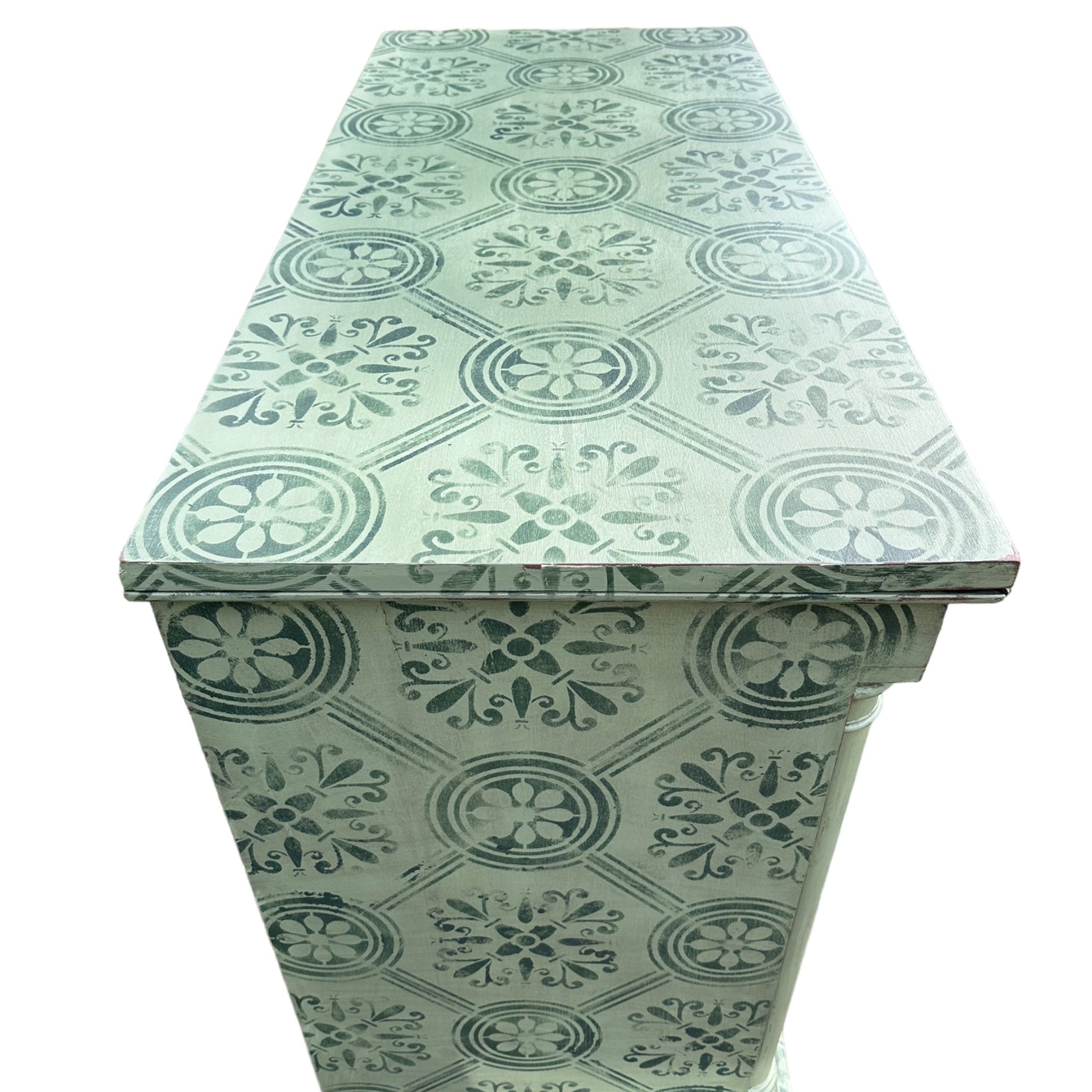 Large Victorian Chest of Drawers Painted in Green With Stencilled Detailing and Brass HandlesThe Furniture Recycling Shop