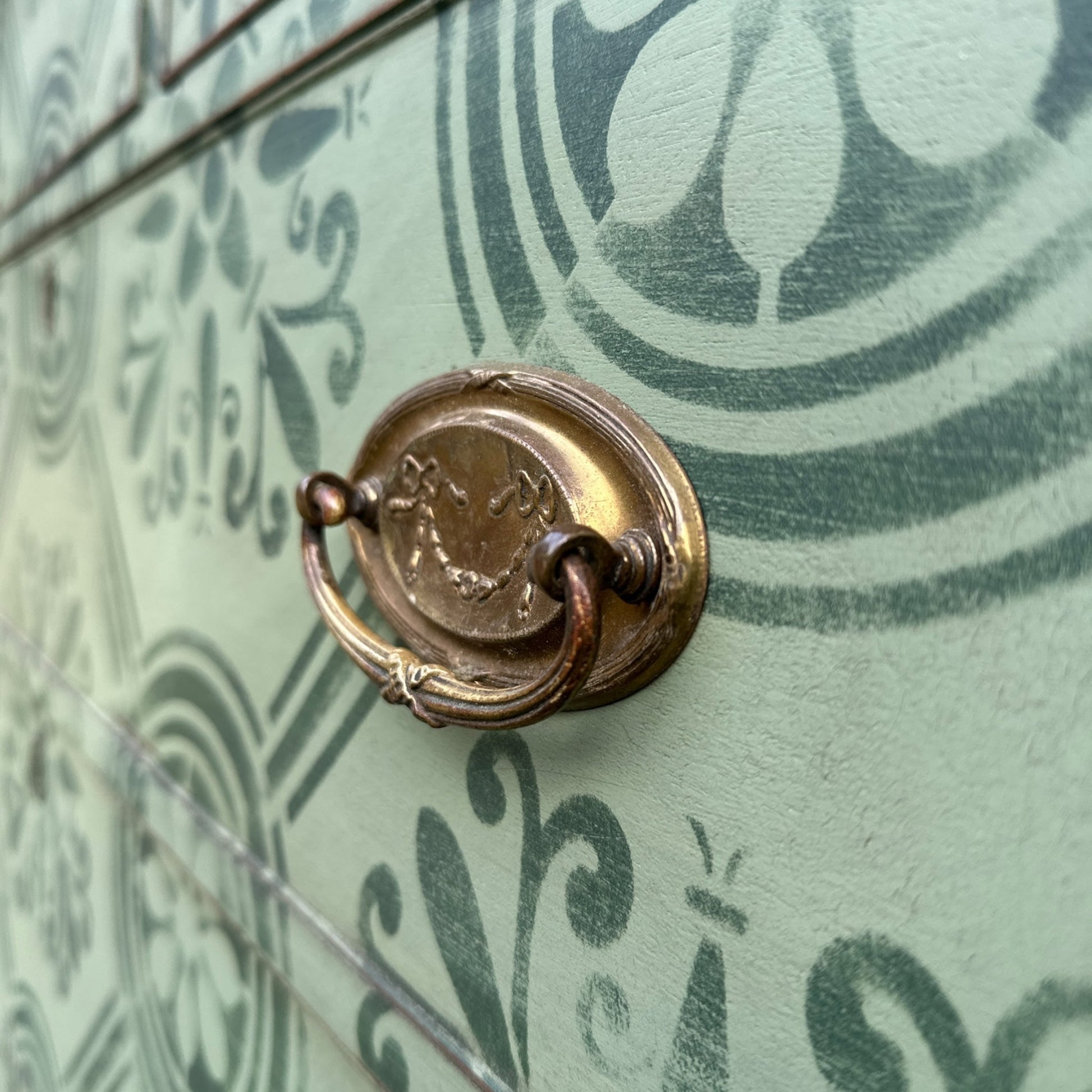 Large Victorian Chest of Drawers Painted in Green With Stencilled Detailing and Brass HandlesThe Furniture Recycling Shop