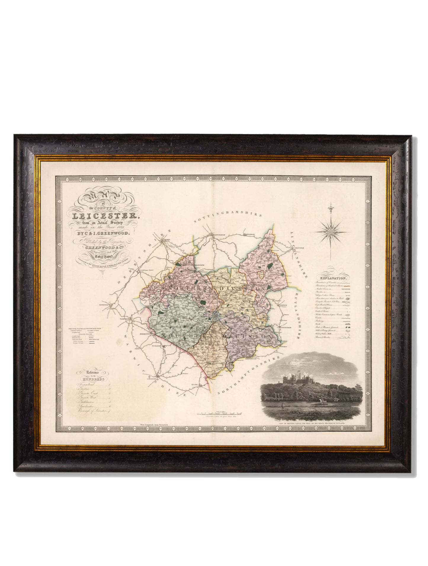 c 1830 map of the county of bedford in size 70 x 84cm - glass-fronted framed wall art print with solid wood frame, designed for high-end interior design