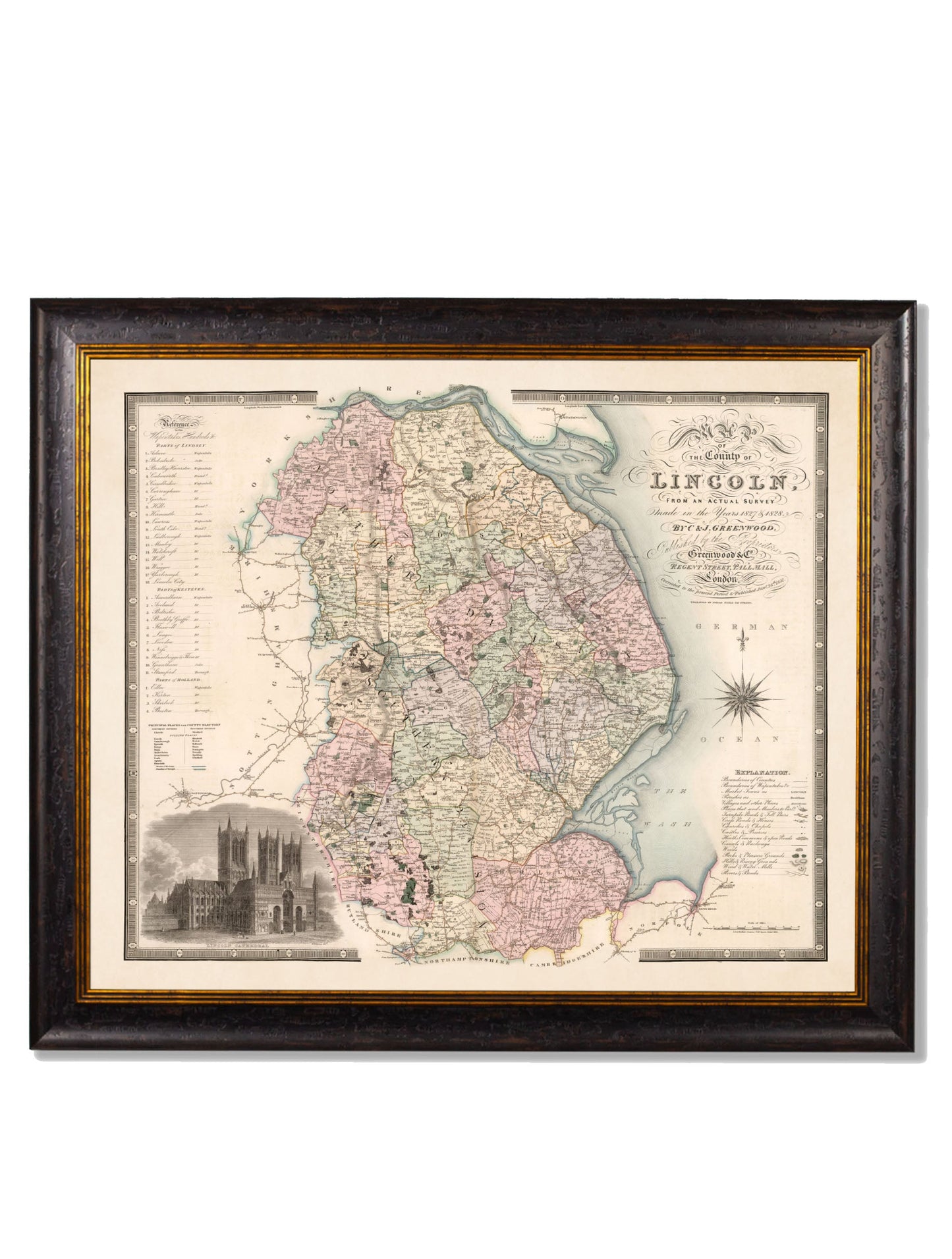 c 1830 map of the county of bedford in size 70 x 84cm - glass-fronted framed wall art print with solid wood frame, perfect for luxury home decor