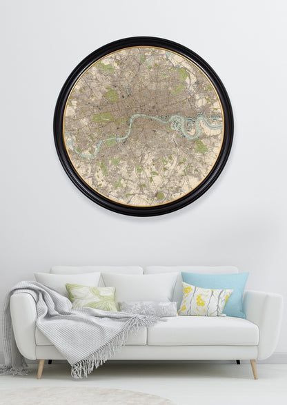 c 1905 map of london round frame in size 70 x 70cm - glass-fronted framed wall art print with solid wood frame, ideal for modern interiors