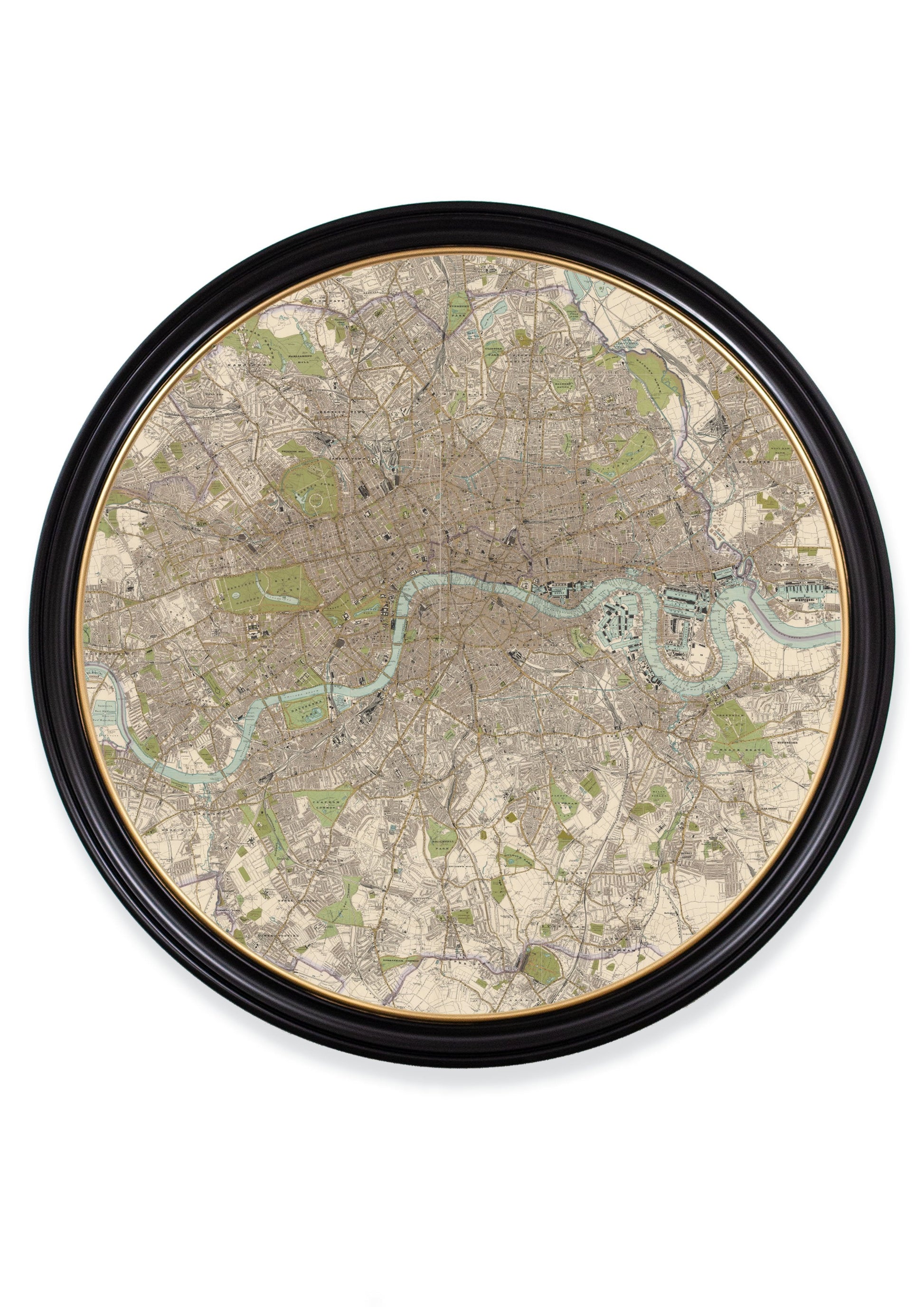 c.1905 Map of London - Round Frame in size 44 x 44cm - glass-fronted framed wall art print with solid wood frame, perfect for statement wall decor